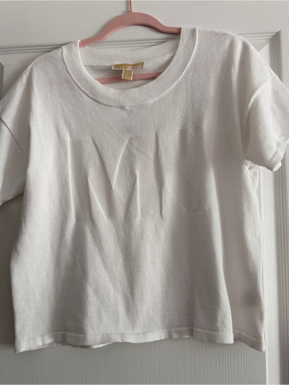 Michael Kors White Embossed Logo Short Sleeve Sweater
